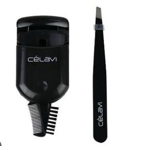 New Celavi Eyelash Curler & Black Metal Tweezer Tweezers Duo Brow Comb Brush Set